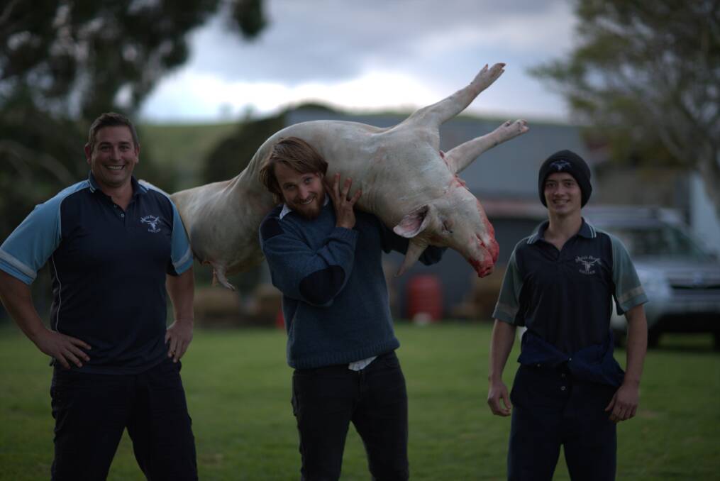 BUTCHER BOYS: River Cottage Australia host Paul West with Bega slaughterman and butcher Matt Christison and his offsider Pretzel and the pig. Photo courtesy of Foxtel