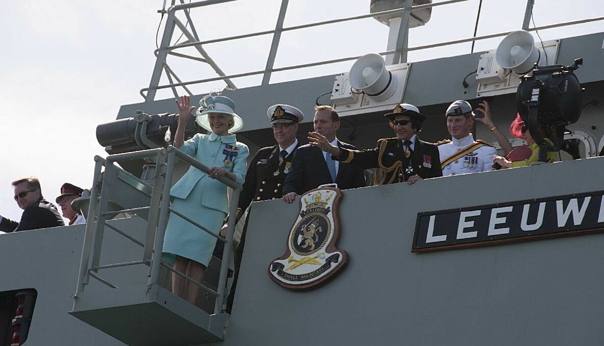OUR TURN: The dignitaries waving from the deck of the HMAS Leeuwin included Her Excellency The Honourable Quentin Bryce, AC, CVO; Her Excellency Professor Marie Bashir, AC, CVO Governor NSW; His Royal Highness Prince Henry of Wales. 