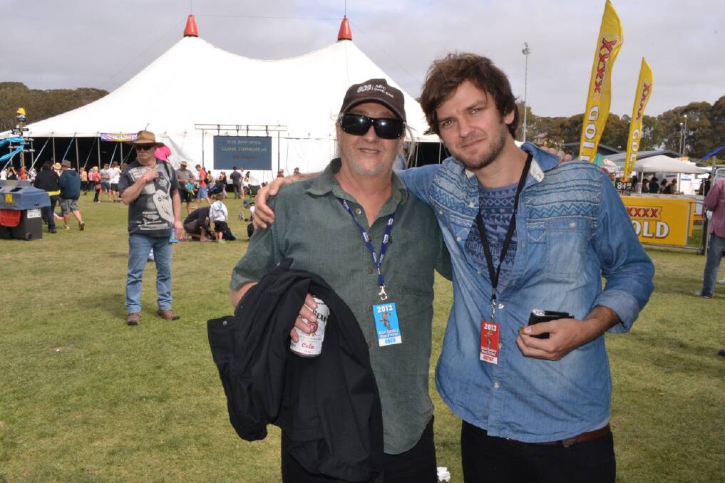 OLD MATES: Bega mates ABC SouthEast's Tim Holt with Daniel Champagne who played the Narooma Blues Fest in between a Sydney gig on Saturday night and a wedding later on Sunday.
