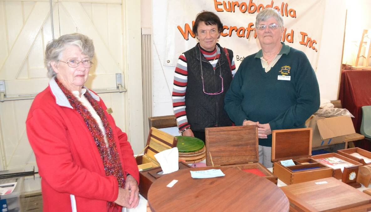 WOODIES LADIES: Dorothy Randall of Tuross, Dorothy Jeffery of Broulee and Val Byrne of Bateman Bay had a good time at the Woodies’ woodworking show. 