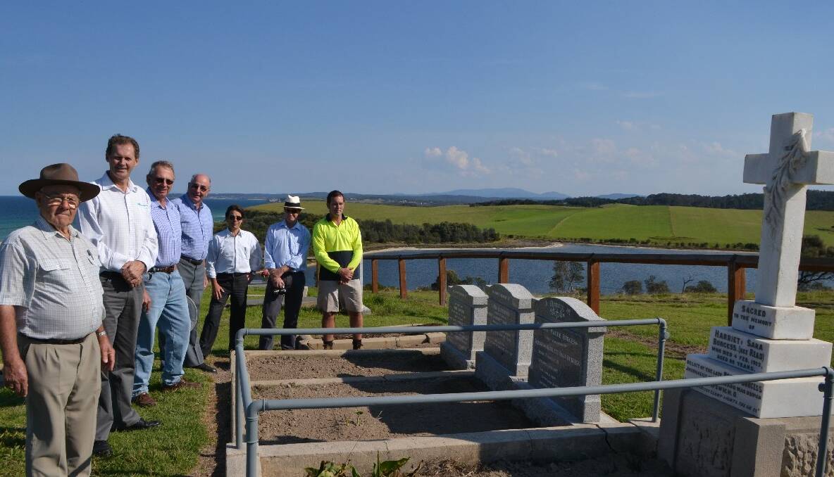 SPRUCED UP: Tilba Cemetery Committee members Norm Hoyer, mayor Lindsay Brown, Harry and Richard Bate together with council’s heritage and strategic planner Stephen Halicki and heritage advisor Pip Giovanelli and Jacob Castagna of Australian Cemetery Supplies. 