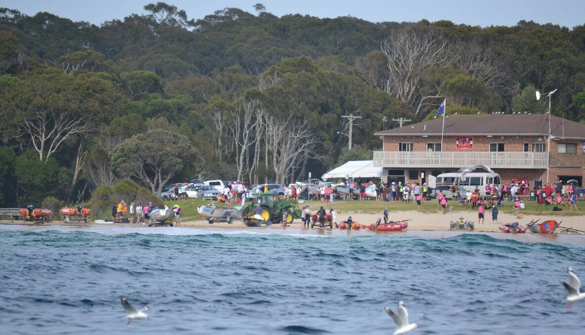 The start of today’s leg of the George Bass Surfboat Marathon at the Narooma Surf Life Saving Club.