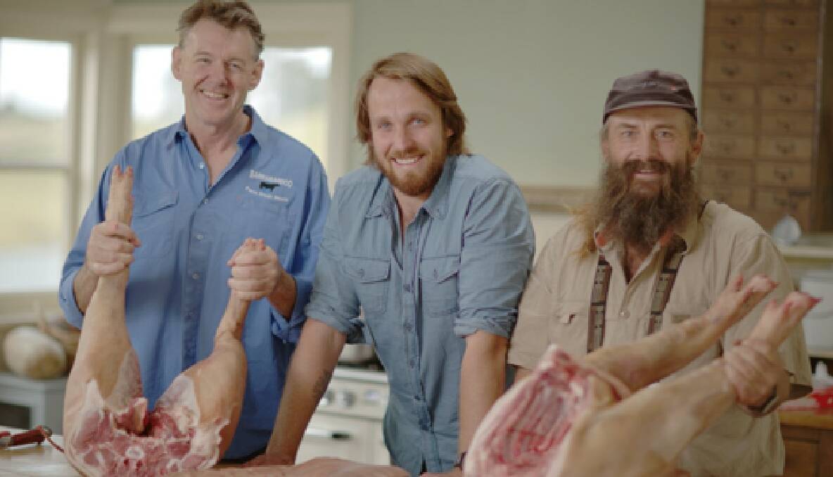 RIB TIME: Host Paul West with the two friendly locals John Tracey and Darcy Hoyer, who appear again this time to help cut up the pig. Photo courtesy of Foxtel 