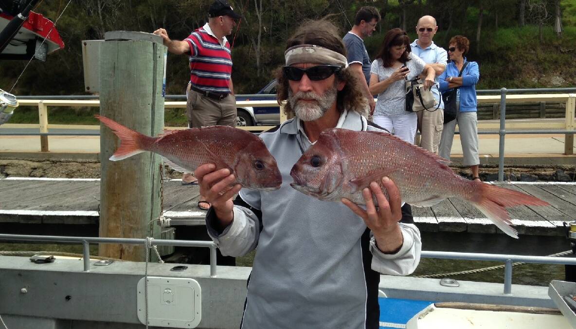 SNAPPED UP: Mark from Canberra and two of his nice snapper caught on the Sheriff at Tuross on Saturday.  