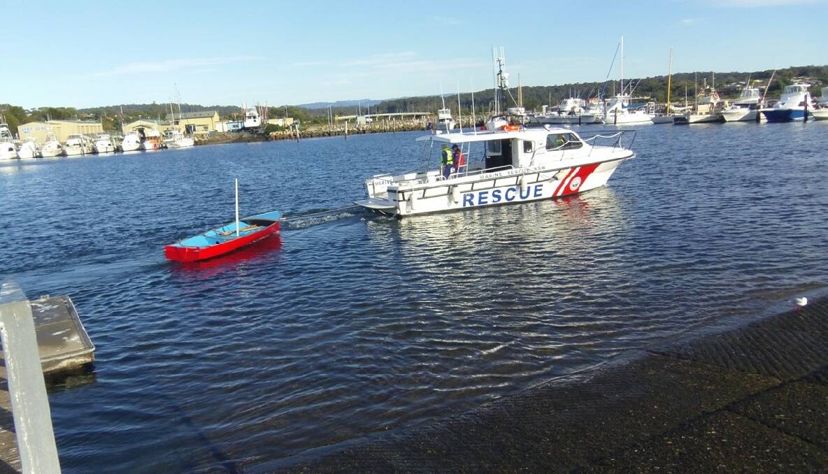 MYSTERY RECREATED: The Bermagui Marine Rescue unit recently helped with a recreation of the Mystery Bay mystery undertaken by the Montreal Goldfields group towing a small boat out of the harbour. 