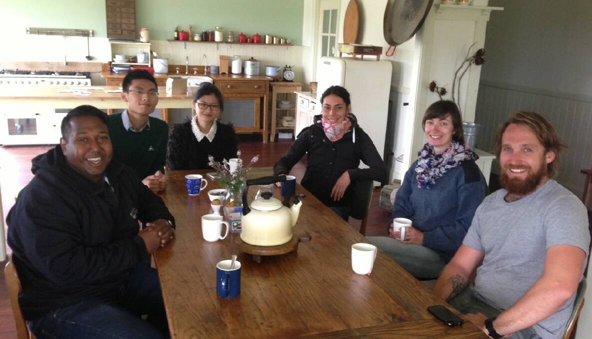 COTTAGE KITCHEN: Having a chat in the River Cottage Australia kitchen are commerce students Mark Winter, Tao Weihua, Zena Yunfan and Litia Kirwin with host Paul West and his girlfriend Alicia Cordia. 