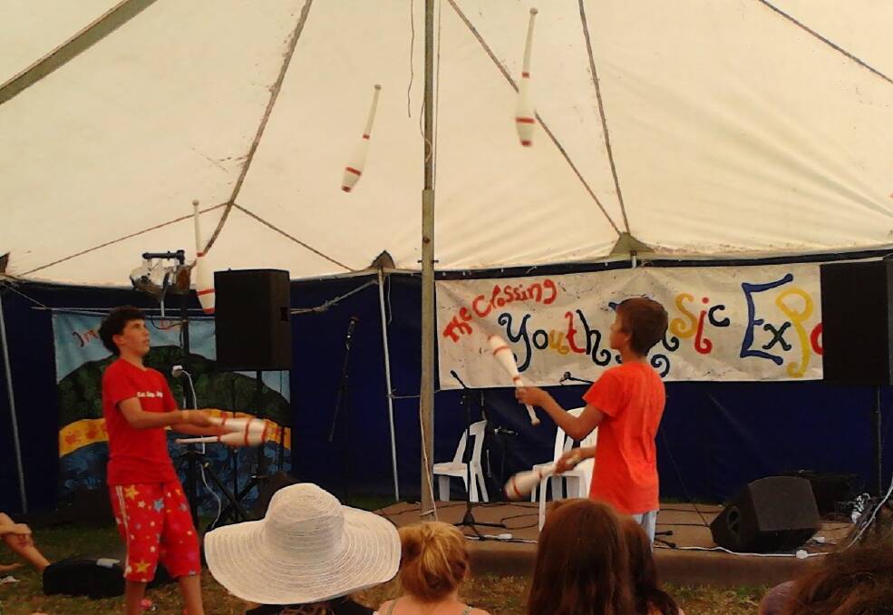 BACK AGAIN: Local young talent and trickster Rhys Davies performs at Youth Crossing at the Cobargo Folk Festival with Dizzi Stern back in 2012. Rhys is back again in 2014! 