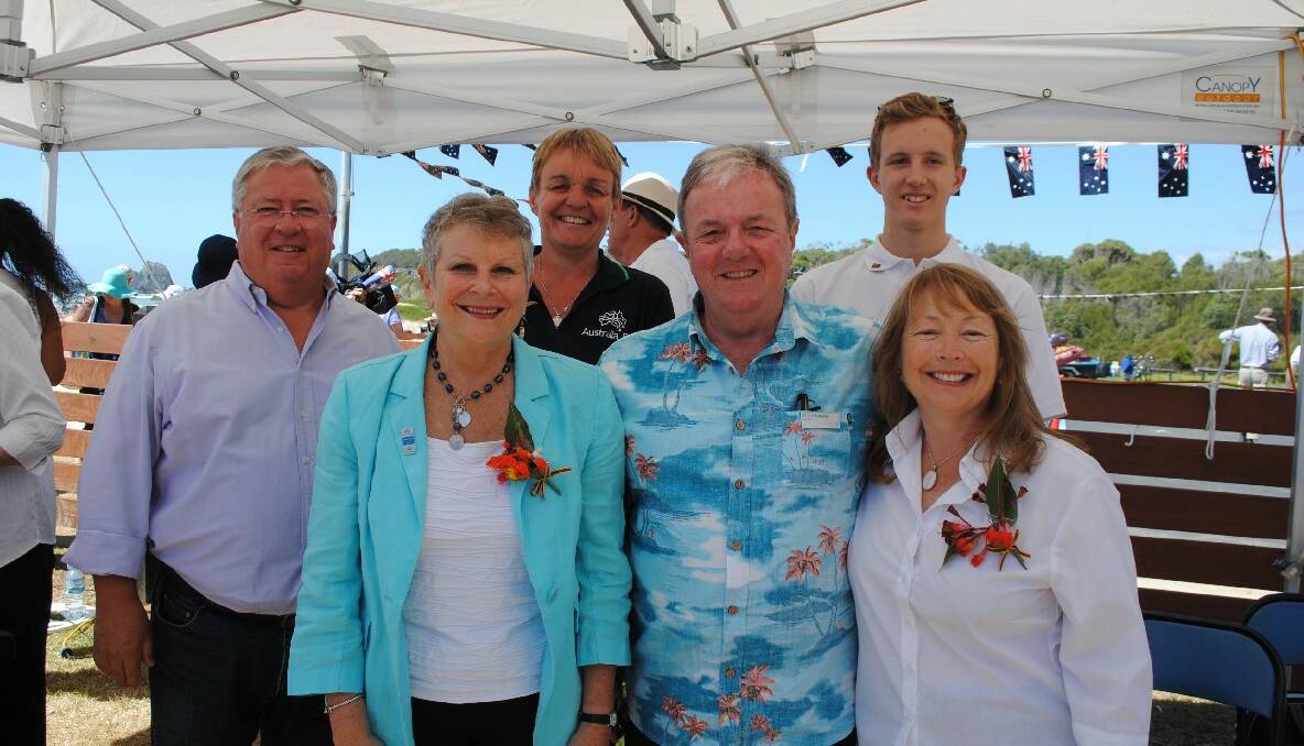 KEY PEOPLE: Some of the key people at the Narooma Australia Day Ceremony at Surf Beach were from left Peter Bull Master of Ceremonies, Petrea King Narooma’s Australia Day ambassador, Gabe Eichler event organiser, Clr Neil Burnside, Narooma High School student representative Ben Potter and choir leader Merinda Hurren. 