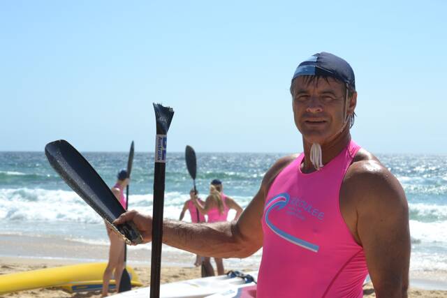 SURF ACTION: Darren Browning from Broulee SLSC broke a ski paddle, joking it was a shark. Photo by Stan Gorton – Narooma News 