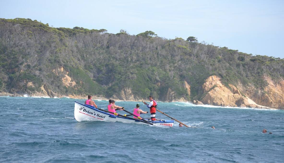 NAROOMA CREW CHANGE: Narooma performs a successful crew change somewhere near Mystery Bay in today’s leg to Bermagui.