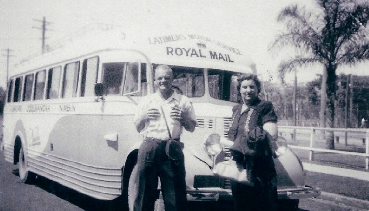 BERT’S BUS: Anzac veteran and double amputee Bert Latimer, who was born at Tilba, pictured with his bus, Latimer’s Motor Service Royal Mail. 