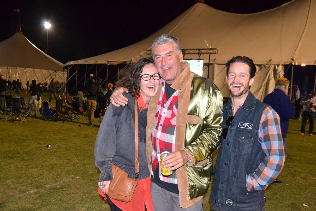 THE MOODS: Corey Mood with her well-dressed uncle and musician Glenn Mood, who was the first musician on the program at the first Great Southern Blues Festival, and Damien May at the Narooma Blues Fest on Sunday.