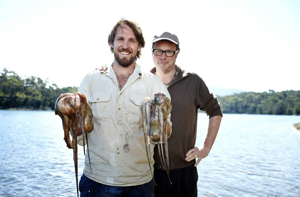 OCTOPUS HUNTING: The new host of River Cottage Australia, Paul West and Hugh Fearnley-Whittingstall go hunting for octopus in Wallaga Lake in the first episode.  