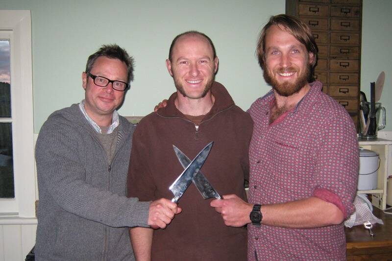 KNIFE MEN: Hugh and Paul with Iain Hamilton and the magnificent knives he made them.