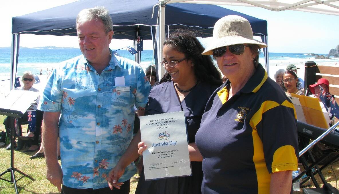 OYSTER FESTIVAL: Narooma Chamber of Commerce president Orit Karney-Winters was nominated for the Community Event of the Year for the Narooma Oyster Festival. Here she is pictured with Clr Neil Burnside left, and Rotarian Laurelle Pacey, right. 