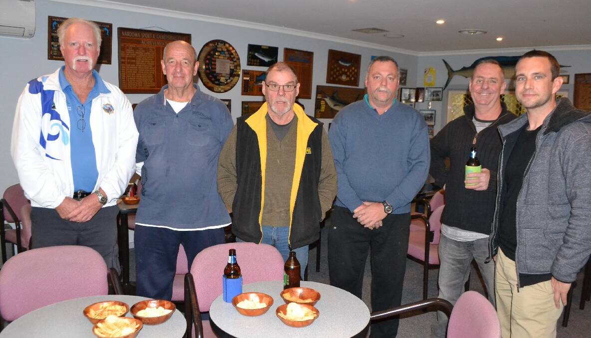 BAG DISCUSSION: Those attending the meeting with Fisheries at the Narooma Sport and Gamefishing Club on Wednesday night included Dennis Maggs, Peter Kane, John Cathor, Dave Clark, Mick Roberts and Fisheries representative Phil Bolton. 