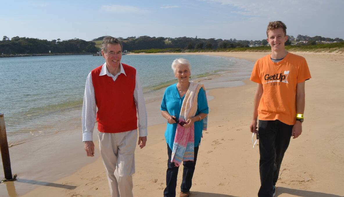 CLIMATE CHAT: Youth leader Ben Potter is organising a GetUp Climate Chat on Bar Beach next Sunday and is pictured with fellow GetUp members Trish and Noel deLaney Davis. 