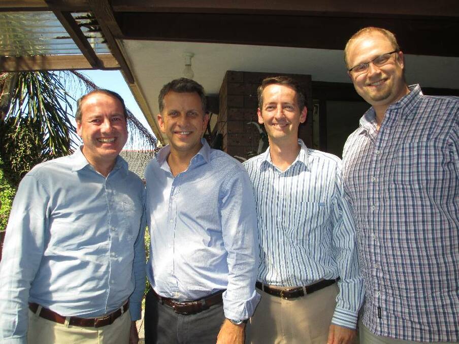 PEER GROUP SUPPORT: Liberal Party "heavyweights" Peter Hendy MP, the Federal Member for Eden-Monaro, the Hon Matthew Mason-Cox MLC, Parliamentary Secretary for NSW Treasury and Finance and Andy Heath from State Executive pictured providing support for the freshly endorsed Liberal Candidate for State seat of Bega, the Hon Andrew Constance MP, the Minister for Finance and Services.