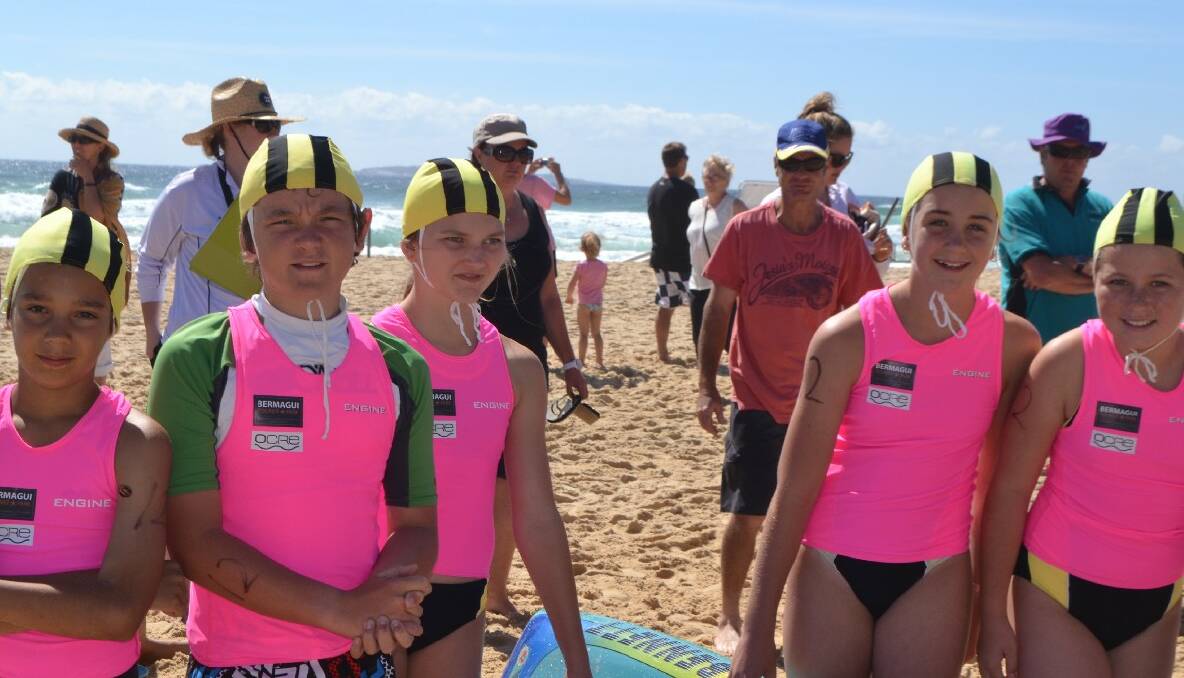 BERMI TEAM: Nippers from the Bermagui Surf Life Saving Club competing at the first Far South Coast branch Nippers Carnival of the season held at Narooma on Sunday included Owen Burgess, Harley Mccue, Jorja Moore and Megan Rutherford and Katlyn Scott.