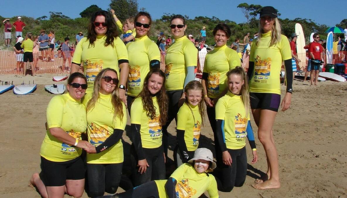 RECORD ATTEMPT: A group of local Surf Sistas travelled Broulee on Australia Day to participate in the Guinness World Record attempt for the most surfers on one wave. The Surf Sistas from back left are Sammee McCarthy, Nicky Cowie, Tania Brown, Angie O'Brien and Belinda Weston. Middle from left are Jane Rogerson, Cat Davies, Erica, Anna Rogerson and Anika with Baillee O'Brien pictured front.