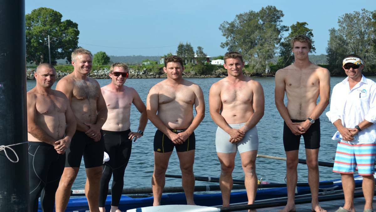 Tryg Casben, Bradley Coppin, Luka Bussa, David Fleming, Shaun Green, Rohan Rivett and sweep Chris Nicholson will mix it up for Moruya DBYD in the George Bass surfboat marathon on Sunday. (Mick Bellette and Wayne Coppin absent).