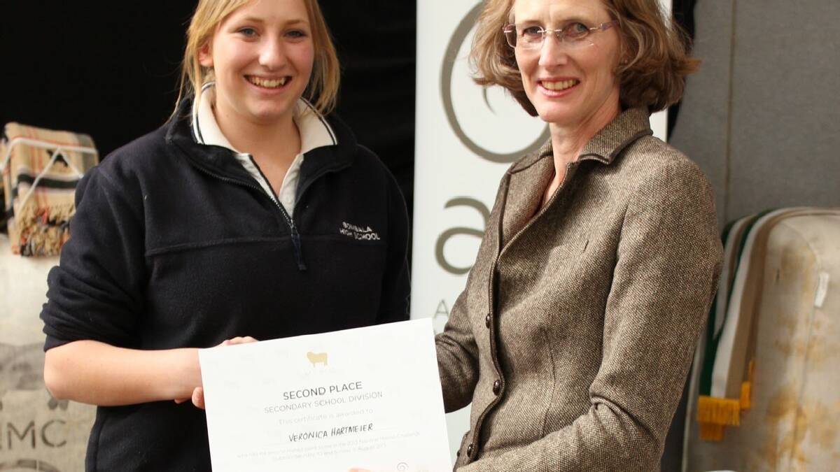  BOMBALA: Bombala’s Veronica Hartmeier was the Top Performing Secondary Student in the Wool Section of the National Merino Challenge and also   gained a second place, being congratulated by the AWI’s Dr Jane Littlejohn.