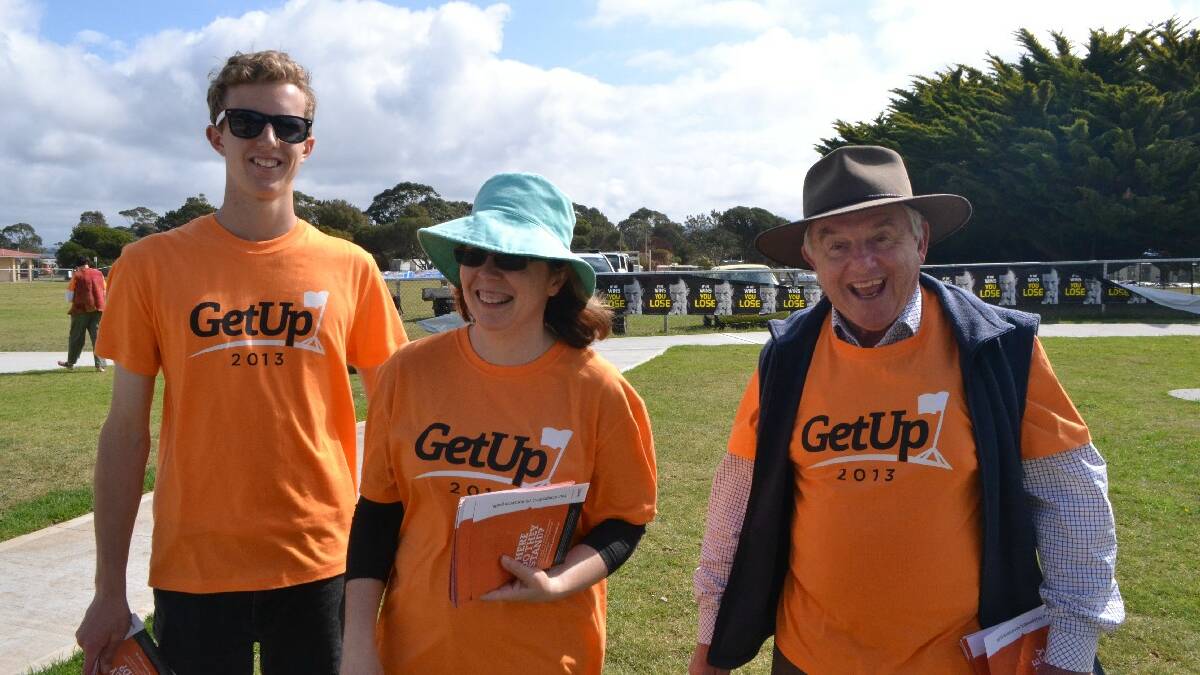 Ben Potter, Val Coggins and Chris Franke were raising awareness of the Get-Up movement at the Narooma Sports and Leisure Centre during voting in Narooma.
