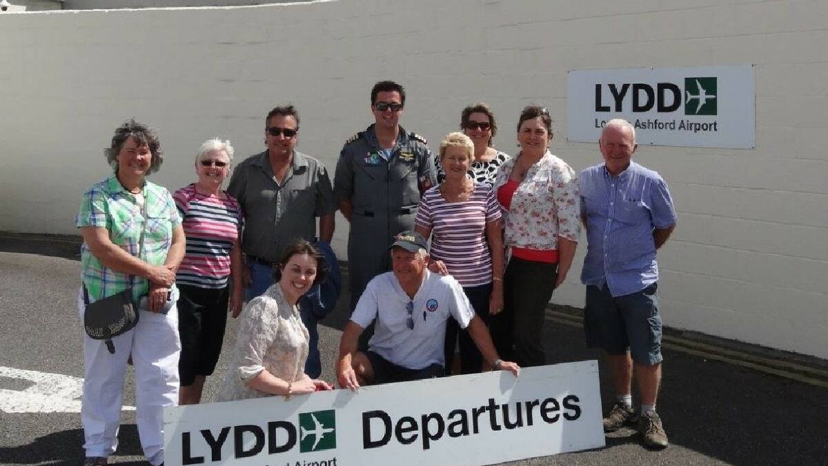 MERIMBULA: Surprise, surprise … It was surprise, surprise for Ryan Campbell as he landed at Lydd Airport, England on Tuesday,   August 13 when he was greeted by a group of Merimbula locals. Shirley Sands, left, Linda Rankin, Lindsey Campbell, Ryan Campbell,   Bev Hazell, Joanne Campbell, Deb Keys, Fred Rankin, Georgie Pentin and Col Hazell.