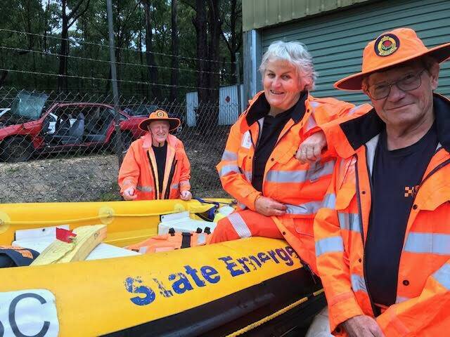 Pam Cocks with her crew members Richard Lamacraft and Nev Cowgil at the Eden SES centre in 2021. Picture supplied. 