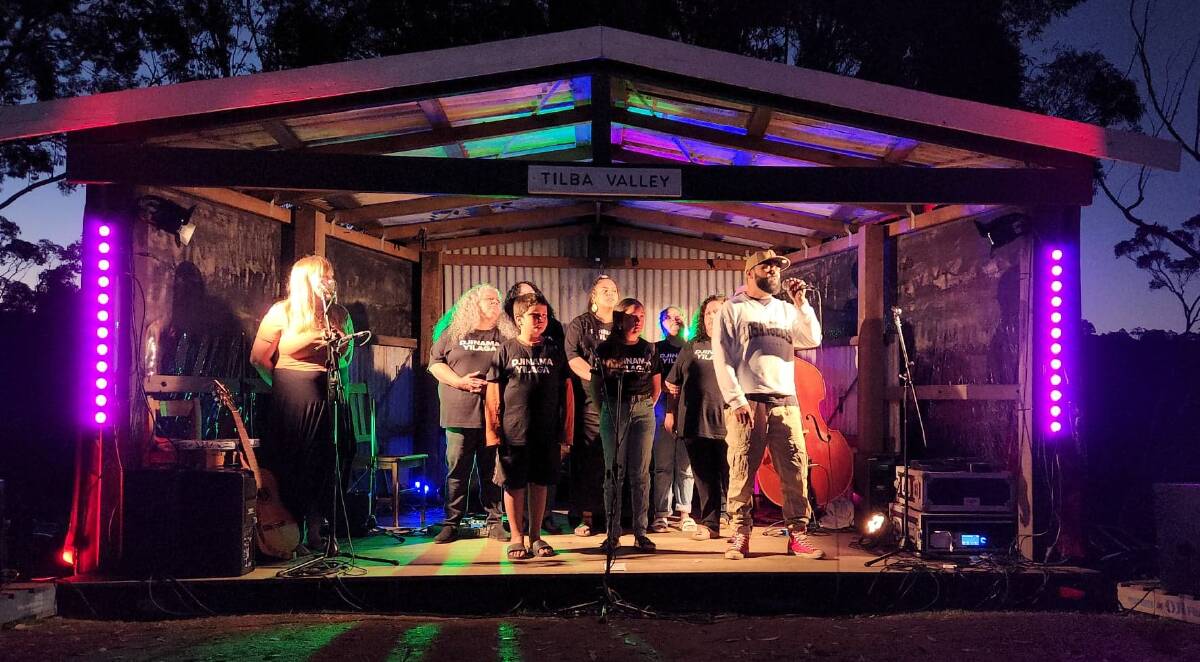 Djinama Yilaga Choir welcomes Hip Hop artist and Djirringanj man Gabadu on stage to sing with them at Tilba Valley Winery and Alehouse. Wednesday, April 13, 2022. Photo: Amandine Ahrens