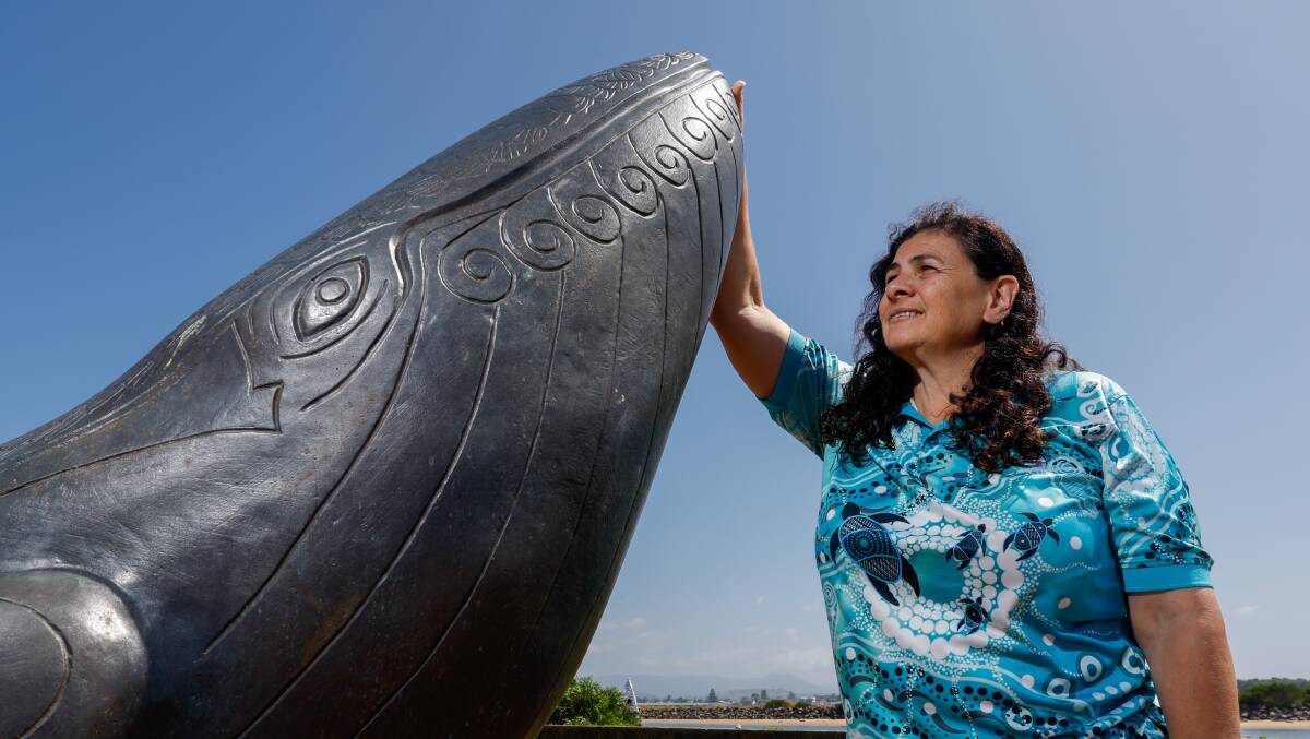 Dr Jodi Edwards with the Burri Burri whale artwork she co-designed at Reddall Reserve. Picture by Anna Warr