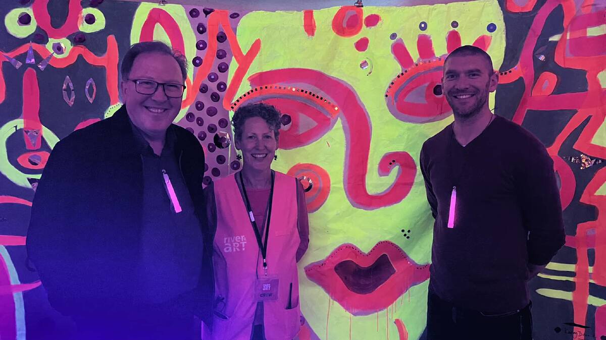 Bega MP Dr Michael Holland and Eurobodalla Mayor Mat Hatcher with Luminous: Art after Dark creative director Di Jay.