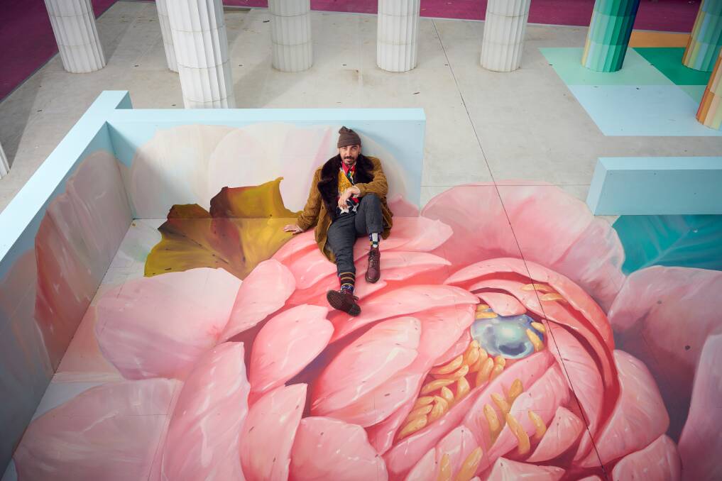 David Lee Pereira, Artist in the 2022 NGV Architecture Commission, Temple of Boom, on display at NGV. Photo: Eugene Hyland David Lee Pereira, Artist in the 2022 NGV Architecture Commission, Temple of Boom, on display at NGV. Photo: Eugene Hyland