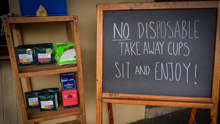 A sign explaining no takeaway coffee cups are provided by Tortoise Espresso in Castlemaine, Victoria. Picture by Brendan McCarthy