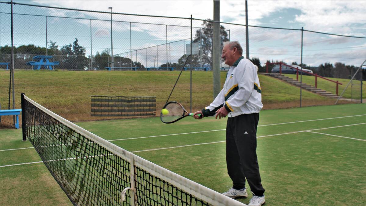Phillip Higgs playing tennis at Tuross Head Tennis Club, as he does three times every week.
Picture: James Tugwell