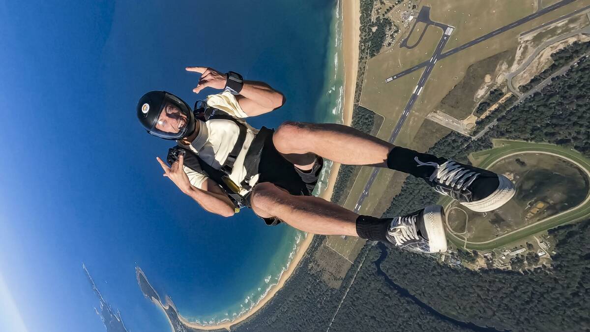 Moruya Skydivers Club member Jack Steele over Moruya. Picture by Tony Harrington.