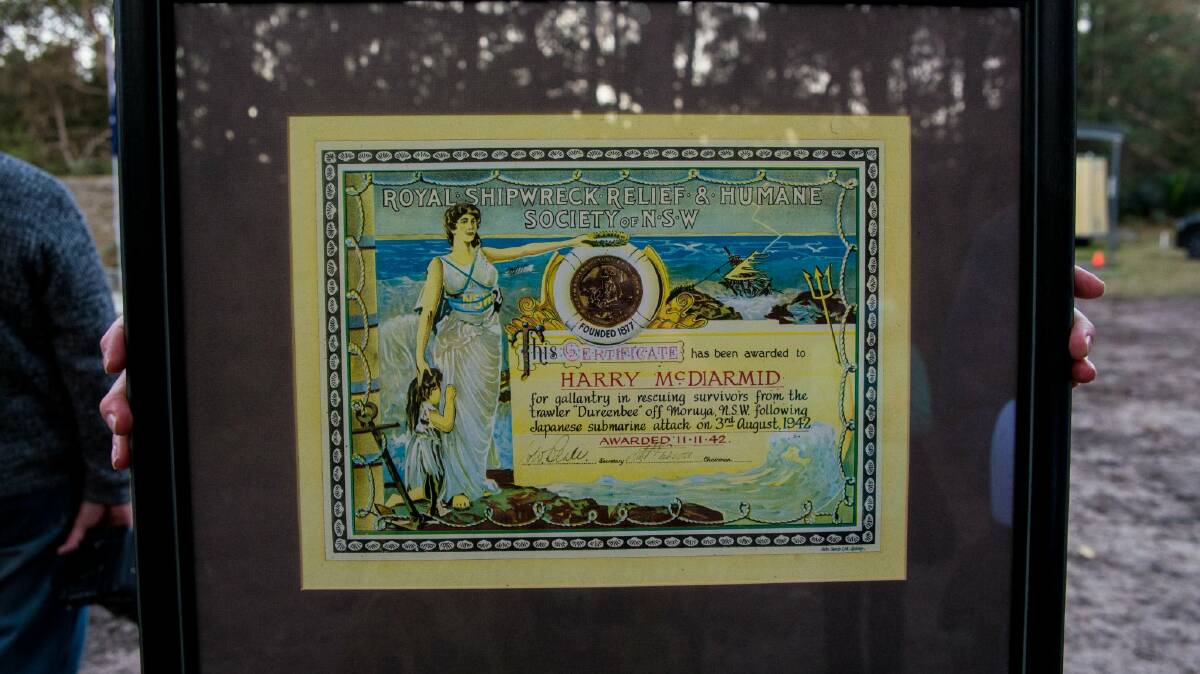 The certificate awarded to Harry McDiarmid for his bravery in rescuing the crew of Dureenbee after their boat was attacked by a Japanese submarine. Picture: Hayley Jansen, A Shot in the Dark Photography