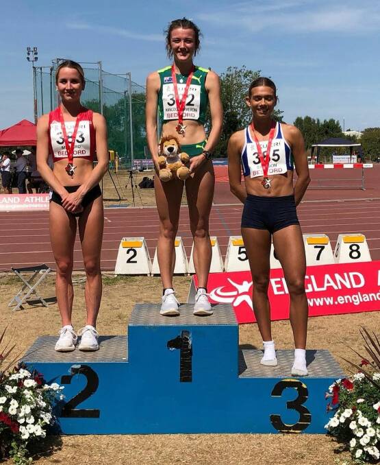 Jaylah Hancock-Cameron stands atop the podium after winning the u23 1500m at the England Championships. Picture: @bankstownathletics