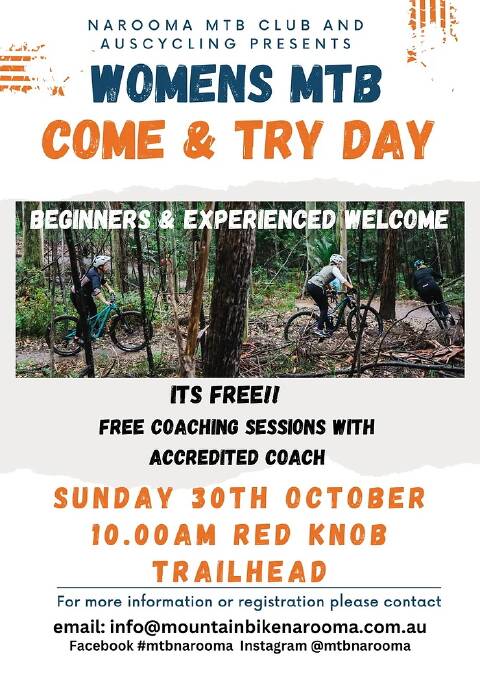 Ladies, have a go at mountain biking with the crew at Narooma - it's free and fun at their women's 'come and try' day. Picture supplied.
