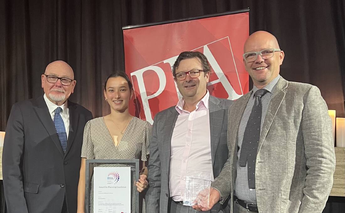 The Cobargo CBD rebuild won an award for excellence at the Planning Institute Australia (PIA) NSW's awards in November 2023. John Walters, Karina Turvey, project planner SJB Planning, Scott Stewart, director SJB Planning and Ashley Dunn, project architect from Dunn Hillam Architects, Picture supplied