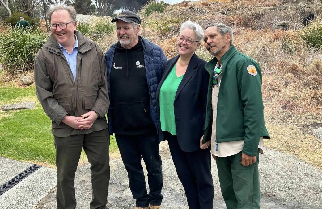 Dr Michael Holland, Graham Moore, Minister Penny Sharpe and Bruce Toomey at Barunguba Montague Island Reserve on Tuesday, July 4. Picture supplied.