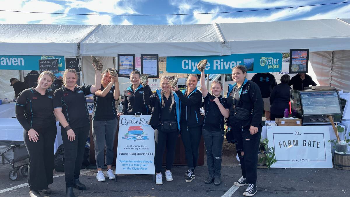 One of the 14 groups of oyster farmers from eight estuaries extolling the virtues of their rock oysters in Oyster Alley at Narooma Oyster Festival 2023. Picture by Marion Williams