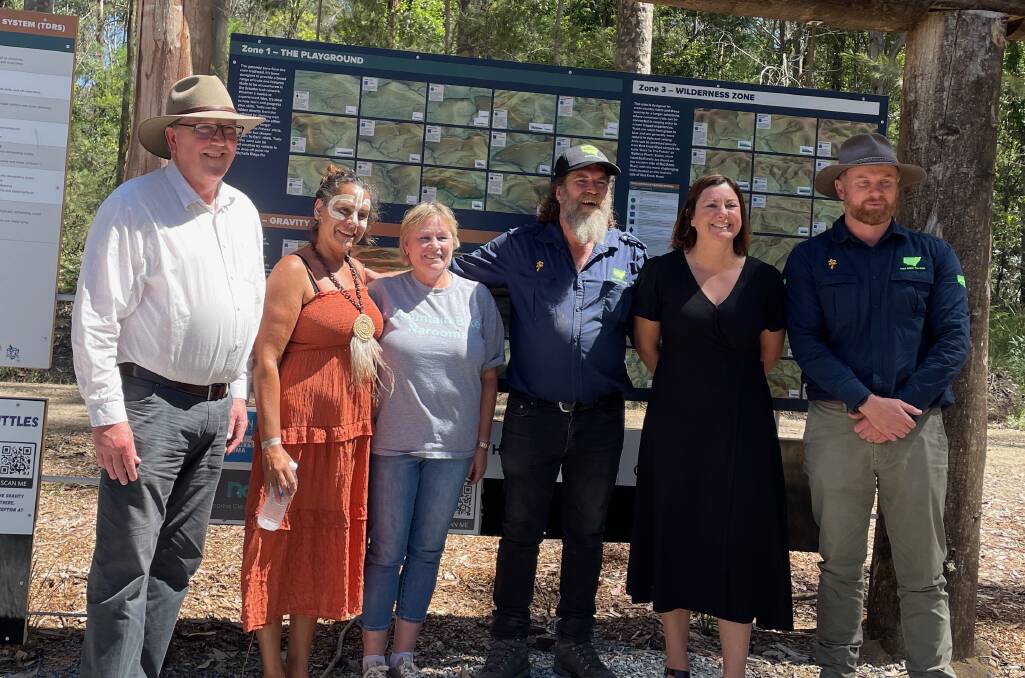 Member for Bega Dr Michael Holland, Sharon Mason, Georgie Staley, Rob Young, partnership leader Forestry Corporation of NSW, member for Eden-Monaro Kristy McBain and Brendan Grimson, visitor experience manager, Forestry Corporation of NSW. Picture by Marion Williams