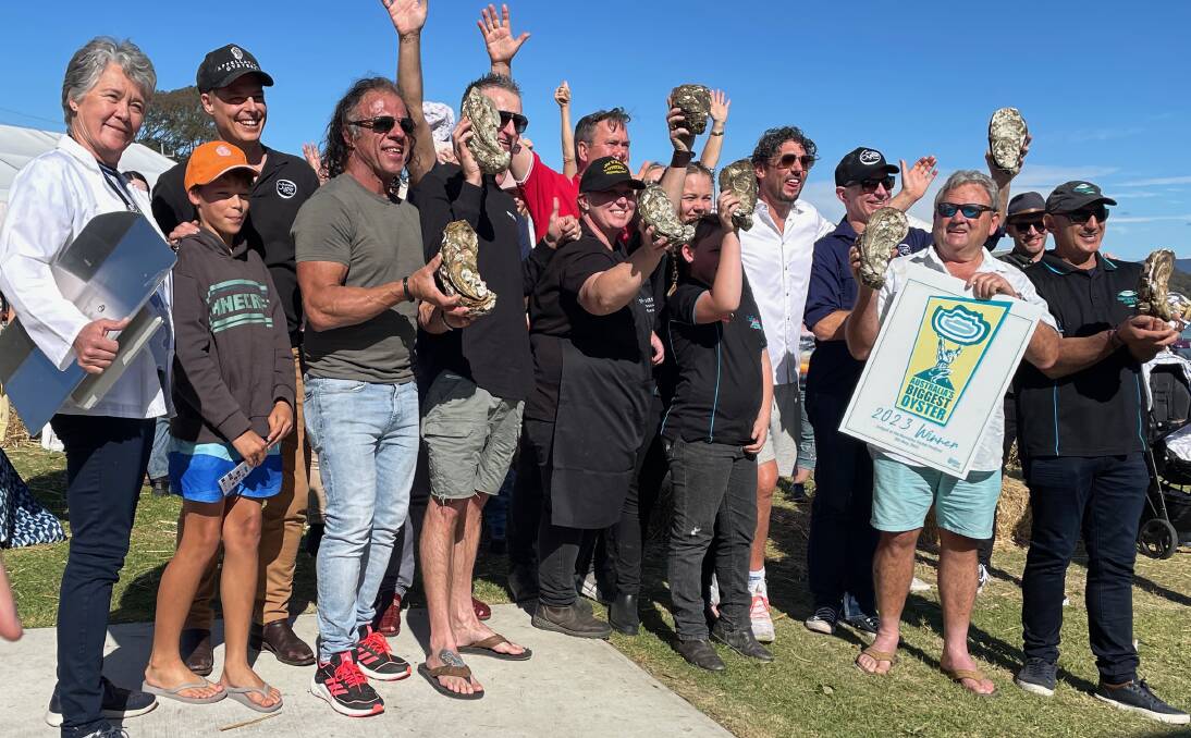 Dr Kate Le Bars of Montague Vets (left) with some of the entrants in Australia's biggest oyster competition at Narooma Oyster Festival 2023. Picture by Marion Williams.