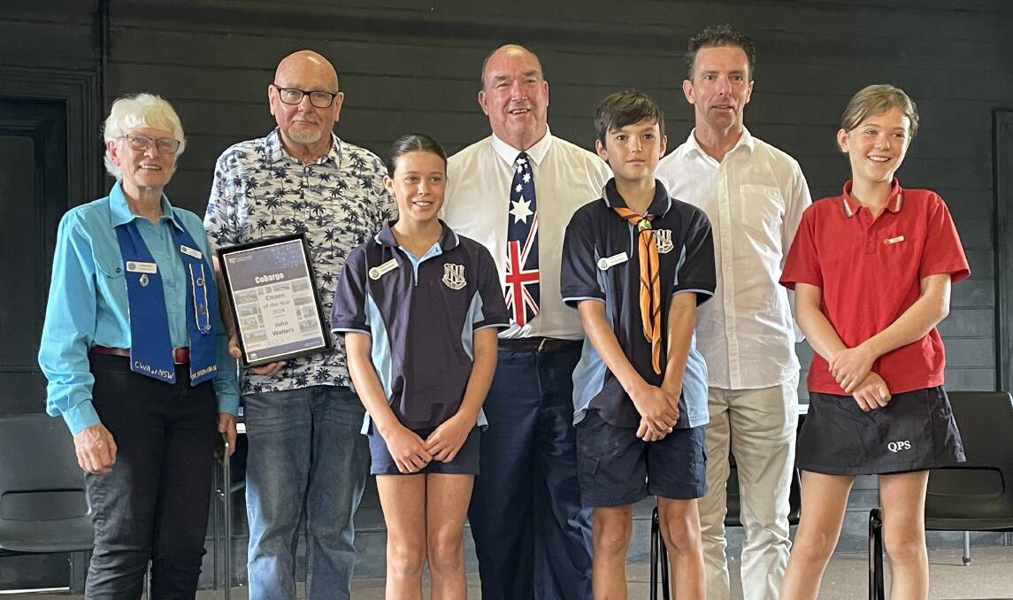 From left to right: CWA Cobargo branch president Lynn Lawson, John Walters, Ruby Kelly from Cobargo Public School, Bega Valley Shire Mayor Russell Fitzpatrick, Dom Eagles from Cobargo Public School, Bega Valley Shire Australia Day Ambassador Warwick Noland and Velvet Ventura from Quaama Public School. Picture by Chris Walters