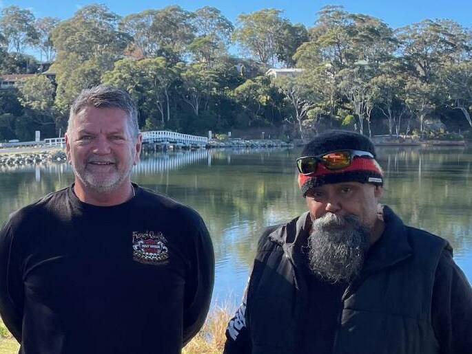 Gordon Patterson, president of the Bermagui Area Chamber of Commerce and Tourism (left) and Gary Campbell, a board member of the Merrimans Local Aboriginal Land Council. Both groups would like a new bridge built and the causeway removed. Picture by Marion Williams