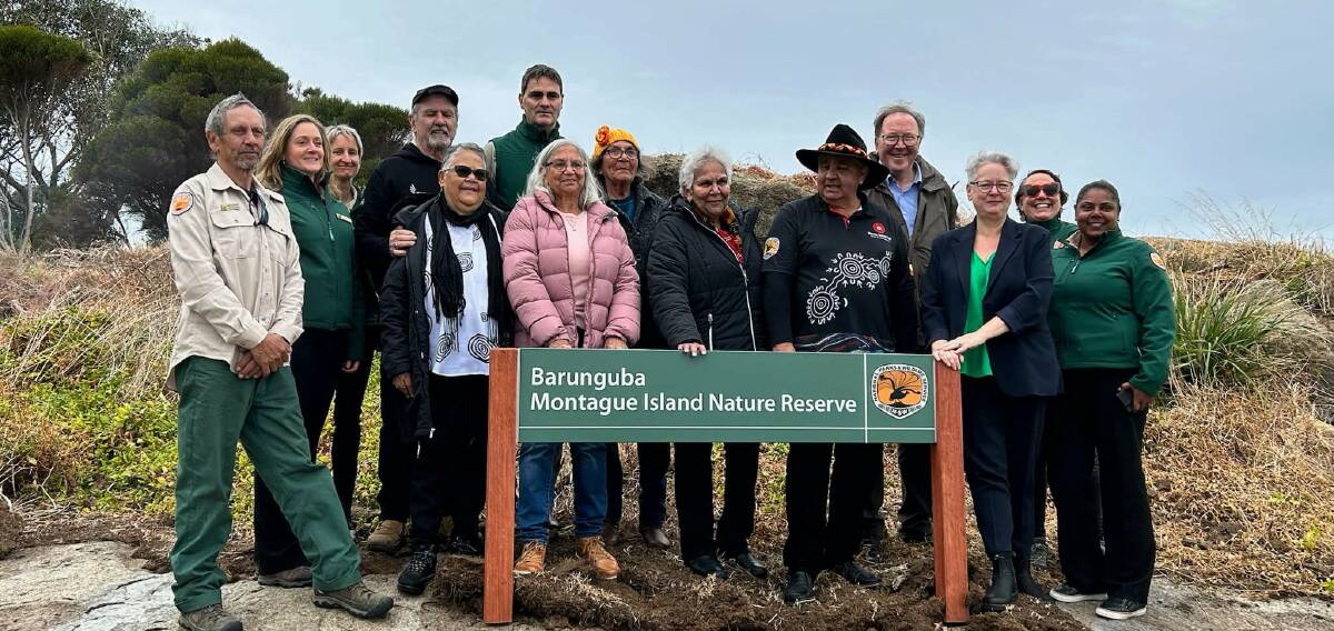 On Barunguba Montague Island Nature Reserve on Tuesday, July 4, to mark the dual naming of the island. Left to right: Bruce Toomey, Jo Issaveris, Shannon Fields, Graham Moore, Kane Weeks, Lynette Goodwin, Jacky Puckeridge, Vivian Mason, Roz Fields, Bunja Smith, Dr Michael Holland, Minister Penny Sharpe, Shannon Fields, Anita Mongta. Picture supplied.