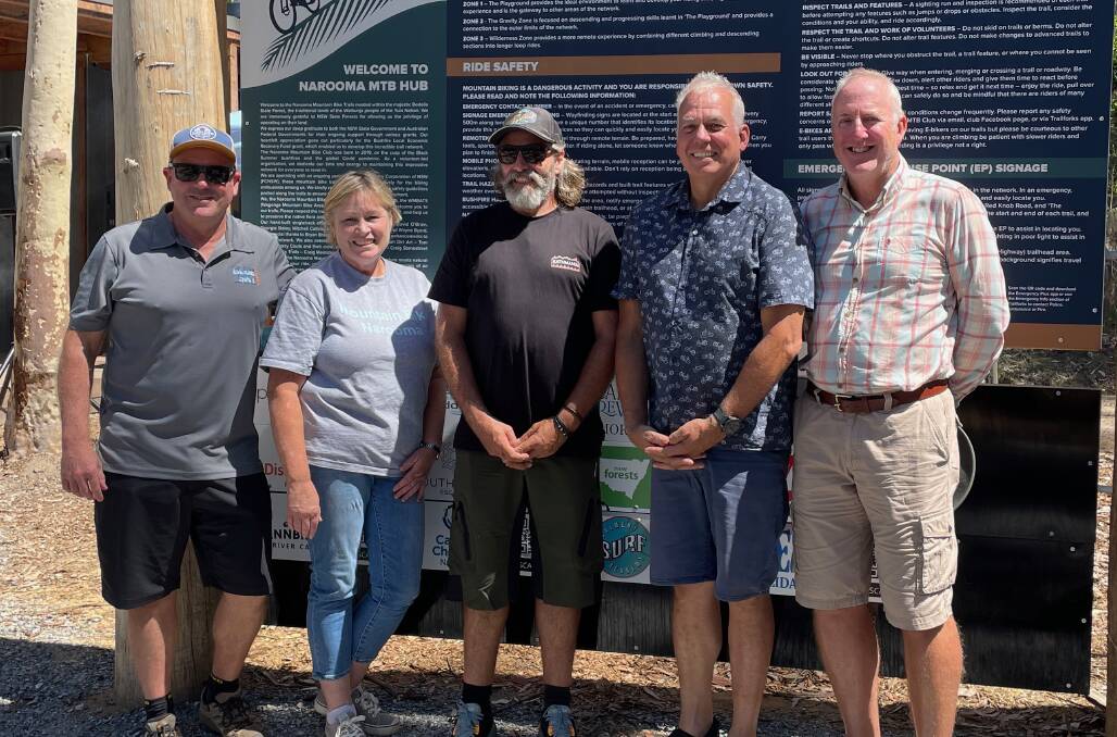 Project manager Craig Meineke, Georgie Staley, project manager Craig Stonestreet, Dave O'Brien and Mark Stubbings. All five were instrumental in making the Narooma Mountain Bike Trails Hub a reality. Picture by Marion Williams