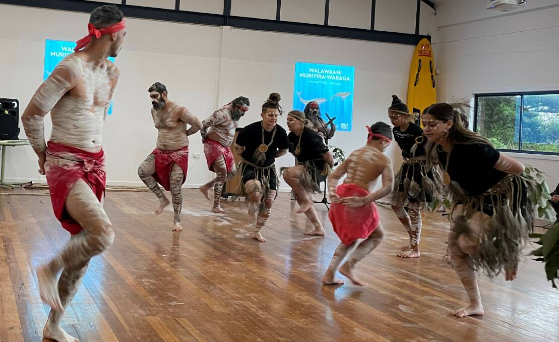 Performers from Gumaraa Aboriginal Experience at the opening ceremony of the 2022 Sapphire Coast whale watching season
