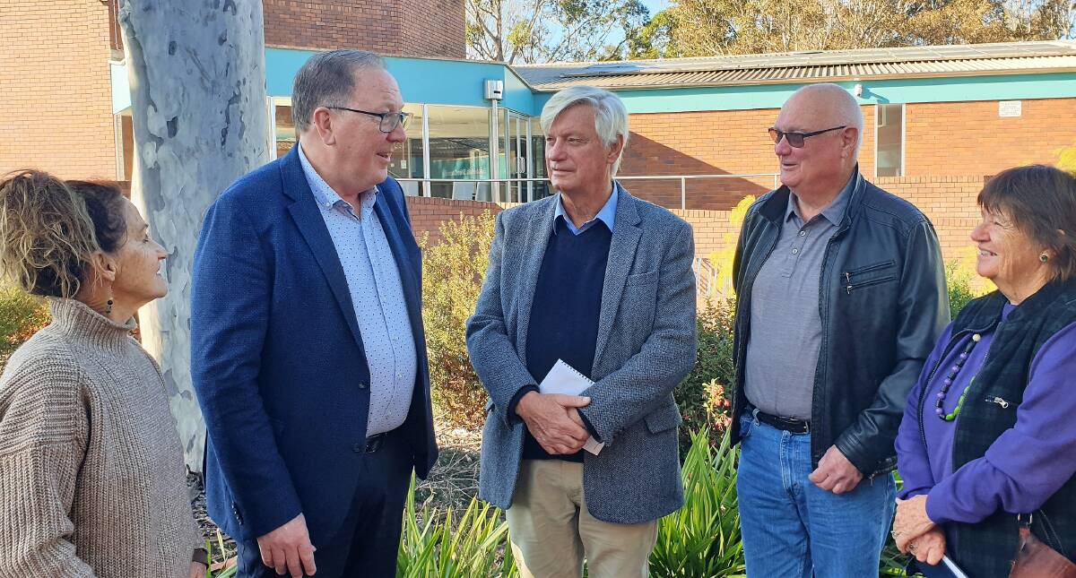 Narooma School of Arts representatives met Member for Bega Dr Michael Holland Monday, July 17, to discuss the Narooma Arts & Community Centre project. They are President Jenni Bourke, left, Rob Hawkins, Bob Aston and Laurelle Pacey. Picture supplied.